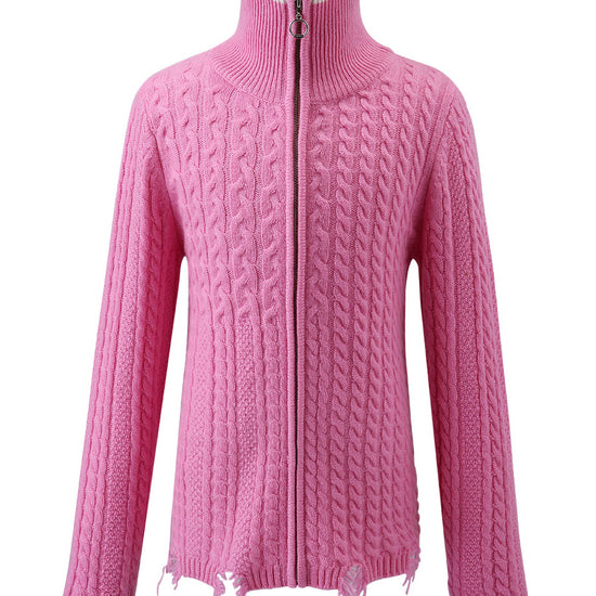 COMOBOCA Pink 100% Wool Kid's Cable Knit Turtleneck Zip Up Cardigan