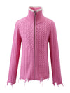 COMOBOCA Pink 100% Wool Kid's Cable Knit Turtleneck Zip Up Cardigan