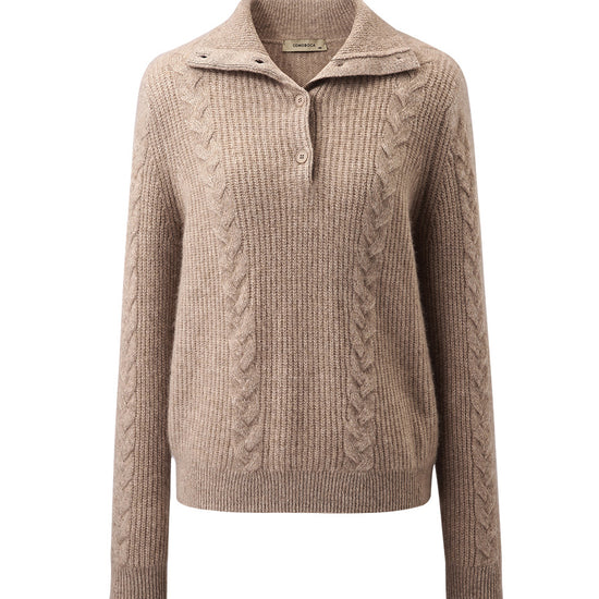 COMOBOCA 100% Cashmere Women's Button Neck Cable Knit Sweater