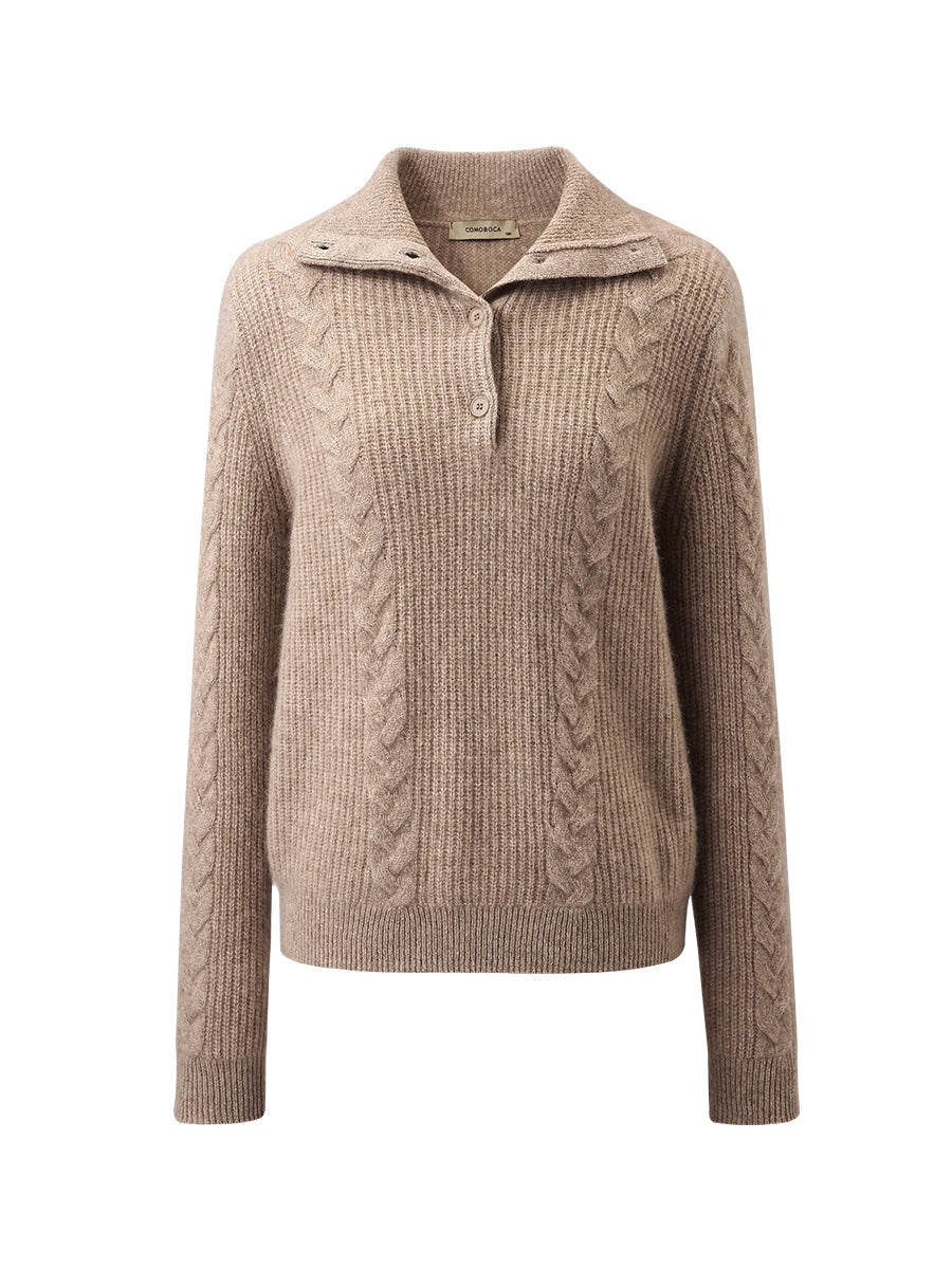 COMOBOCA 100% Cashmere Women's Button Neck Cable Knit Sweater