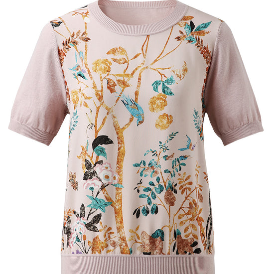 COMOBOCA Women's Cotton Silk Floral Ribbed Print Knit T-Shirt