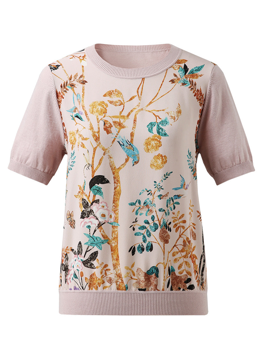 COMOBOCA Women's Cotton Silk Floral Ribbed Print Knit T-Shirt