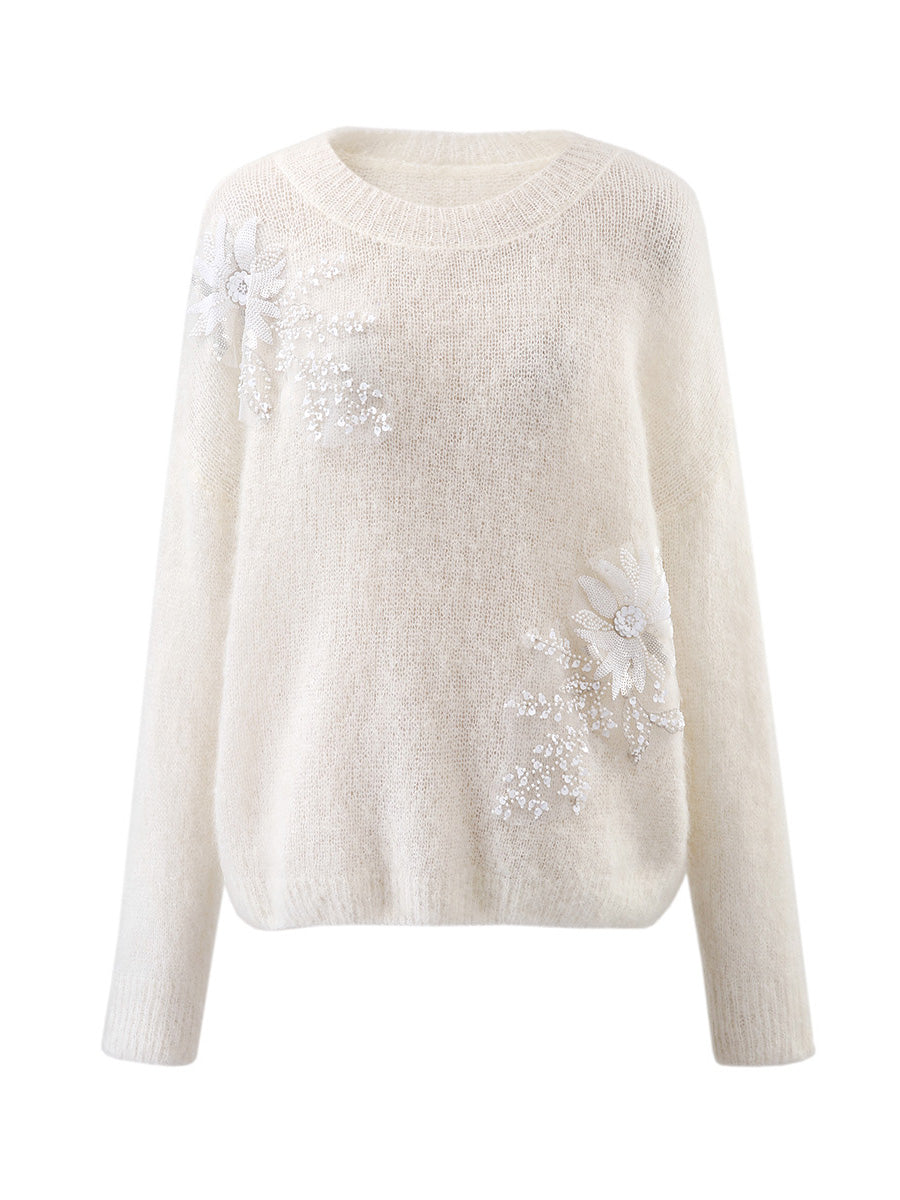 COMOBOCA Women's Mohair Embroidered Floral Sweater