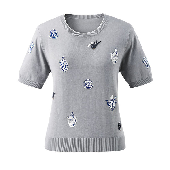 COMOBOCA Women's Knit Top with Porcelain Embroidery