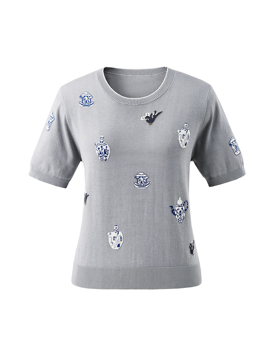 COMOBOCA Women's Knit Top with Porcelain Embroidery