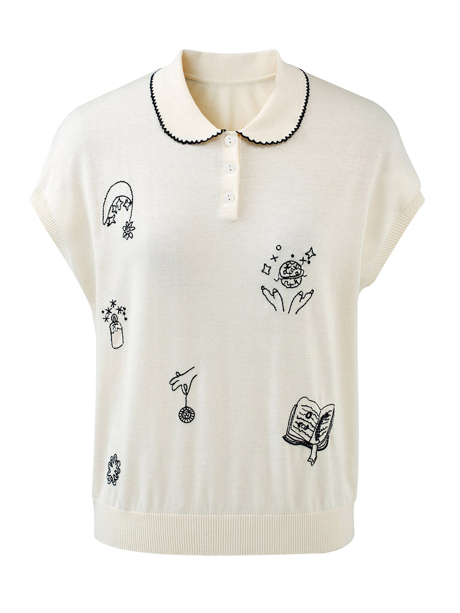 COMOBOCA Women's Embroidered Collared Knit T-Shirt