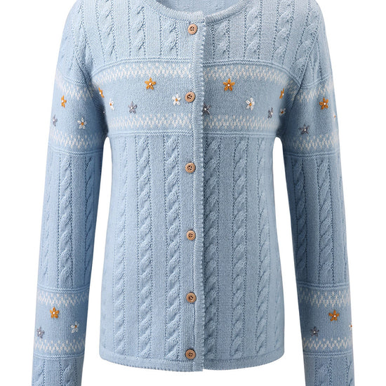 COMOBOCA 100% Wool Kid's Floral Embroidered Cable Knit Cardigan