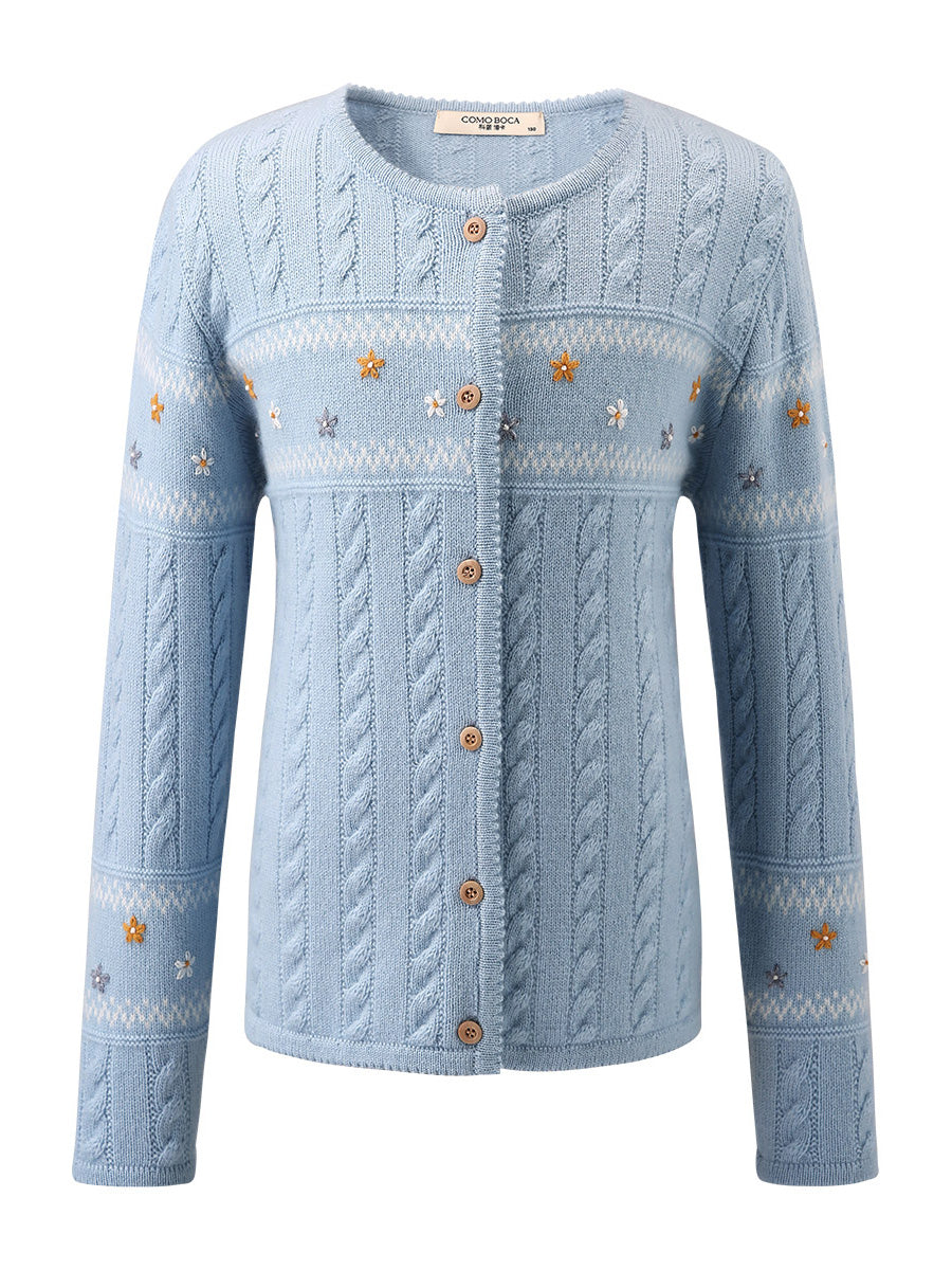 COMOBOCA 100% Wool Kid's Floral Embroidered Cable Knit Cardigan