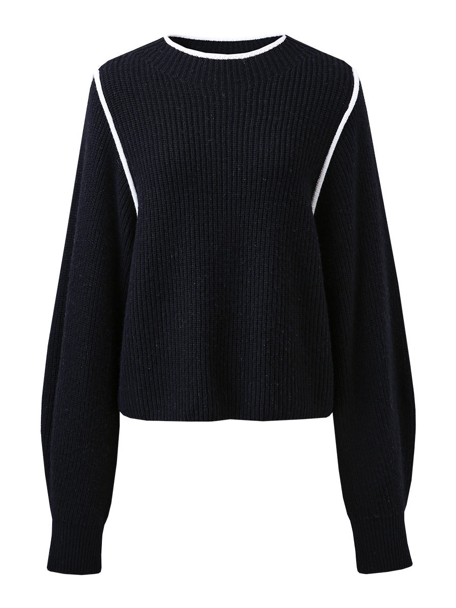 COMOBOCA 100% Wool Women's Color Block Ribbed Knit Sweater