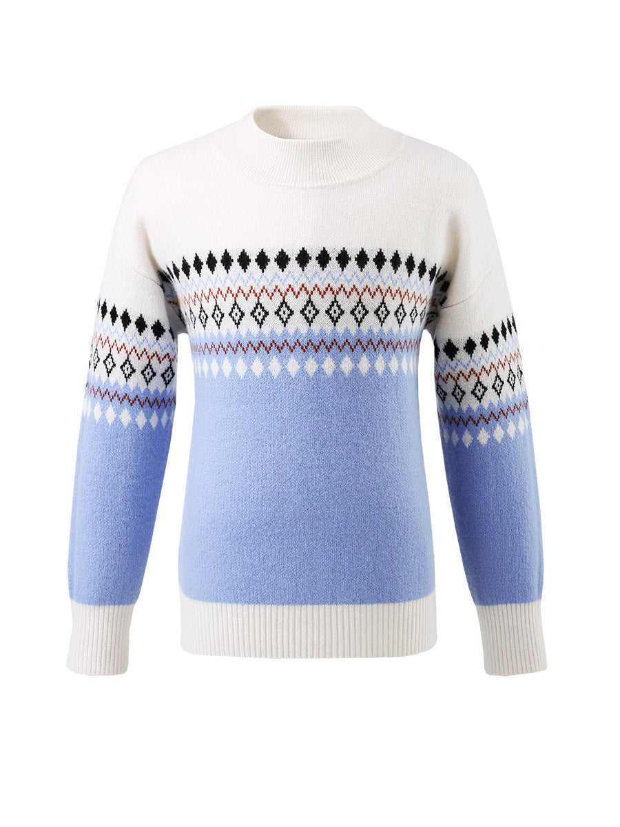 COMOBOCA 100% Wool Kids' Mock Neck Jacquard Sweater