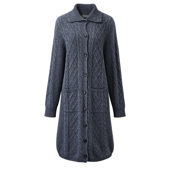 COMOBOCA 100% Wool Women's Cable Knit Long Front Button Coat