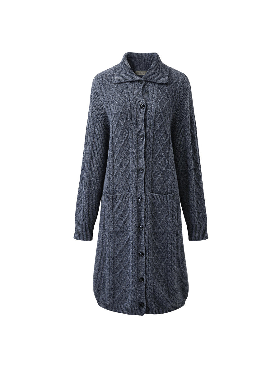 COMOBOCA 100% Wool Women's Cable Knit Long Front Button Coat