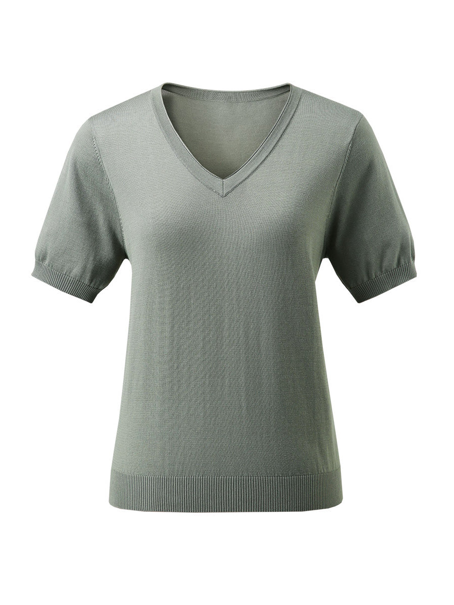 COMOBOCA Women's Lyocell V-Neck Ribbed Knit T-Shirt