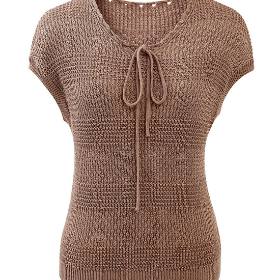 COMOBOCA Women's Tie-Neck Textured Knit Cap Sleeve Top