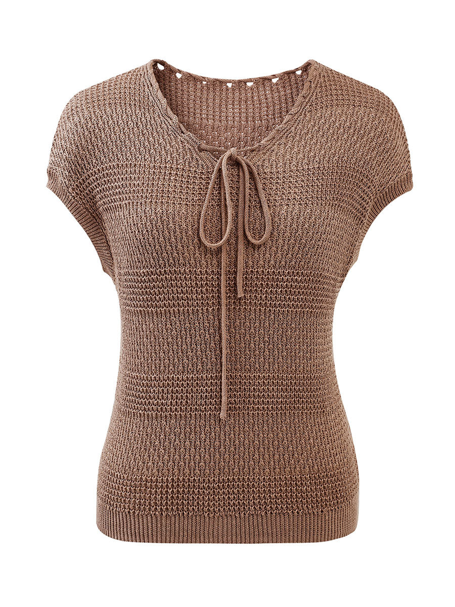 COMOBOCA Women's Tie-Neck Textured Knit Cap Sleeve Top