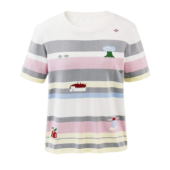 COMOBOCA Women's Farm Scene Striped Knit T-Shirt