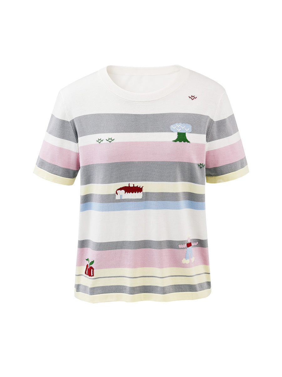 COMOBOCA Women's Farm Scene Striped Knit T-Shirt