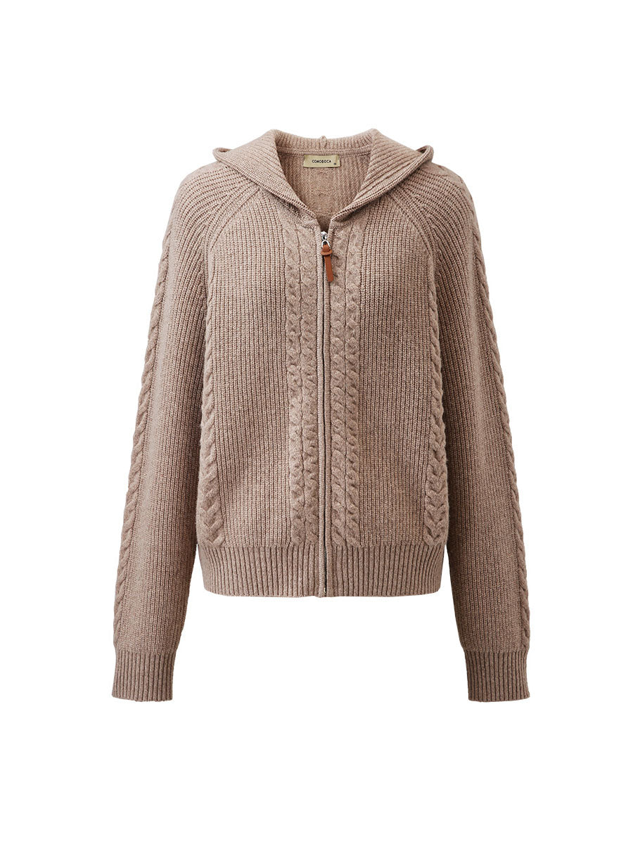 COMOBOCA 100% Wool Women's Cardigan Cable Knit Hoodie