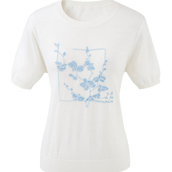 COMOBOCA Women's Floral Embroidered Ribbed Knit T-Shirt