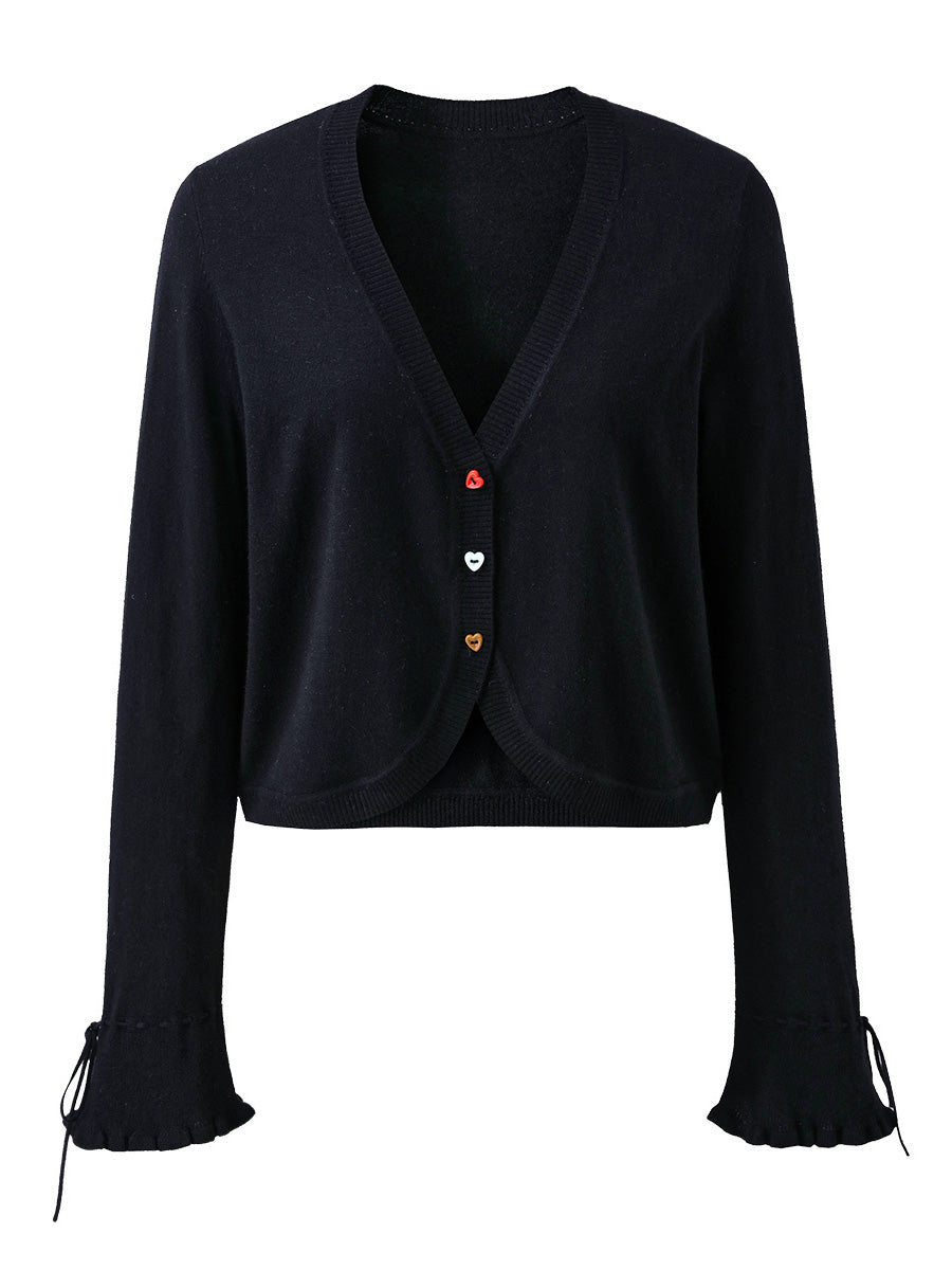 COMOBOCA Women's Heart Button Cropped Ruffle Bell Cardigan