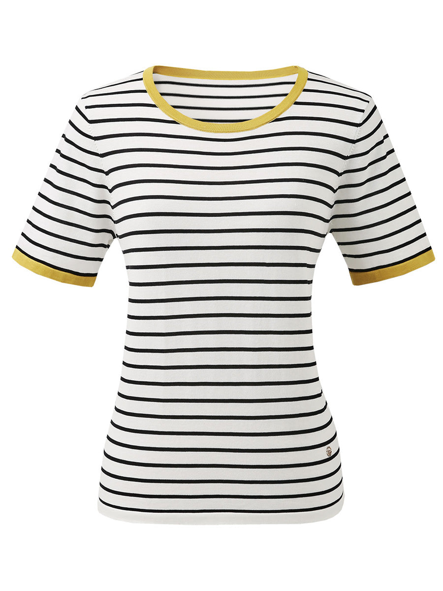 COMOBOCA Women's Striped Ribbed Contrast Trim T-Shirt