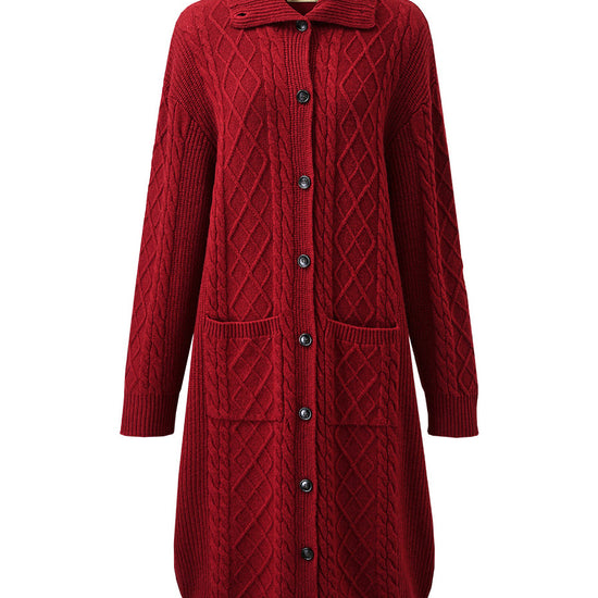 COMOBOCA 100% Wool Women's Cable Knit Long Front Button Coat