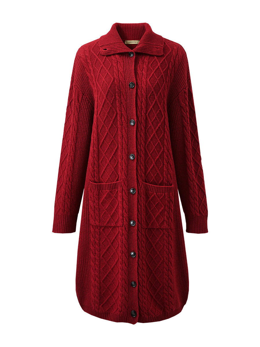 COMOBOCA 100% Wool Women's Cable Knit Long Front Button Coat