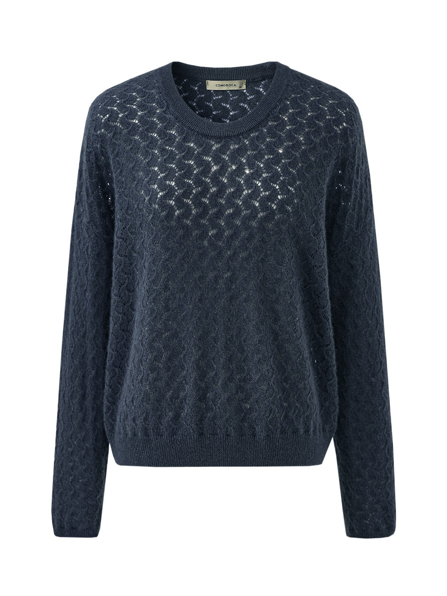 COMOBOCA 100% Cashmere Women's Openwork Round Neck Knit Sweater