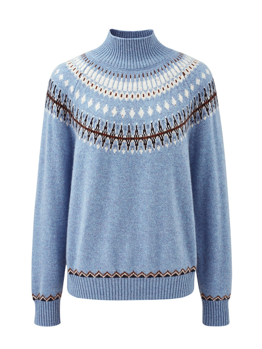 COMOBOCA 100% Cashmere Women's Fair Isle Mock Neck Sweater