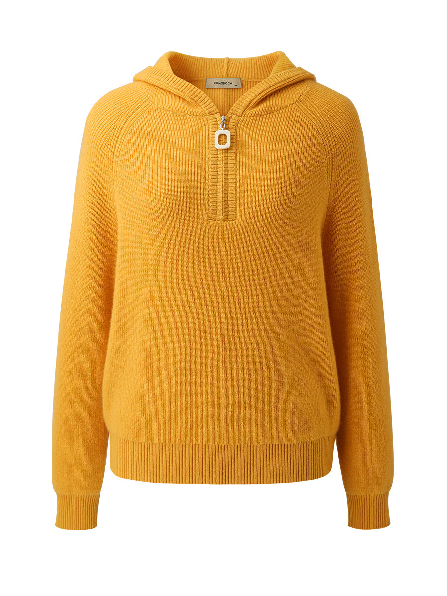 COMOBOCA 100% Cashmere Women's Ribbed Half Zip Knit Hoodie