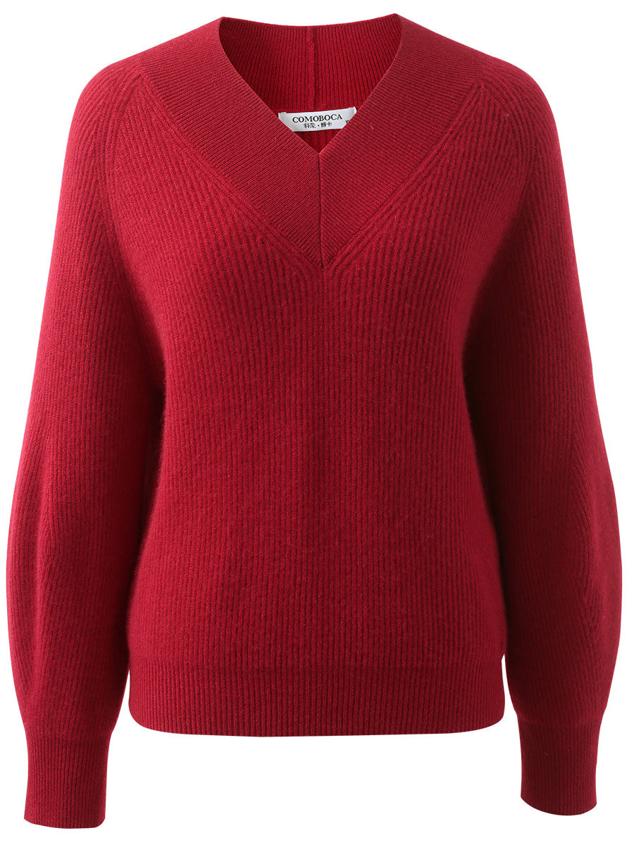 COMOBOCA 100% Cashmere Women's Lantern Sleeve V-Neck Knit Sweater