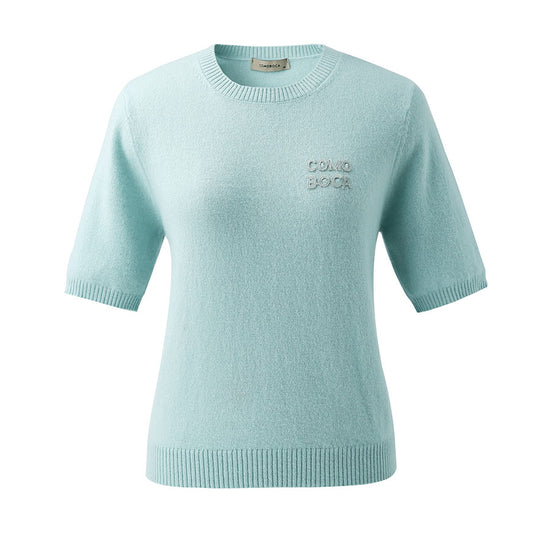 COMOBOCA 100% Cashmere Women's Embroidered Logo Short Sleeve Sweater