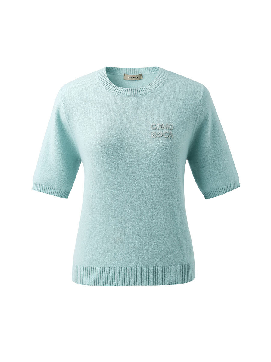 COMOBOCA 100% Cashmere Women's Embroidered Logo Short Sleeve Sweater