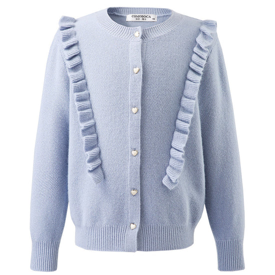 COMOBOCA 100% Wool Kids' Round Neck Heart Button Cardigan