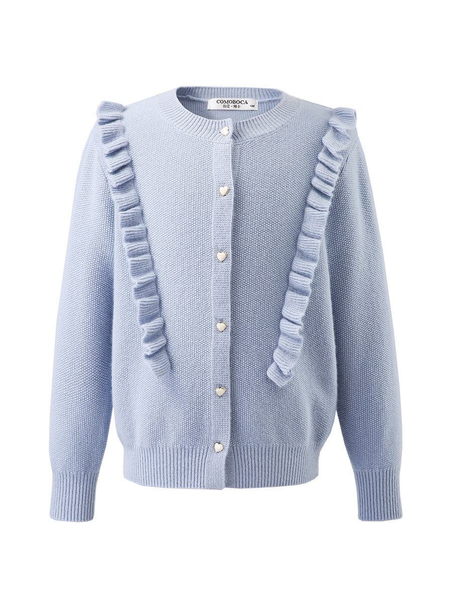 COMOBOCA 100% Wool Kids' Round Neck Heart Button Cardigan