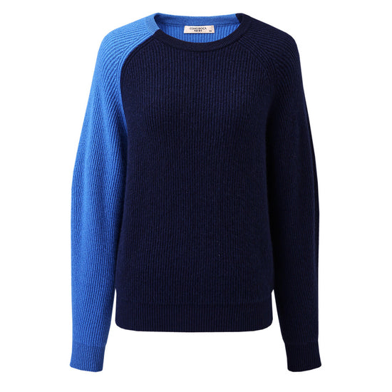 COMOBOCA Blue 100% Cashmere Women's Color Block Knit Sweater