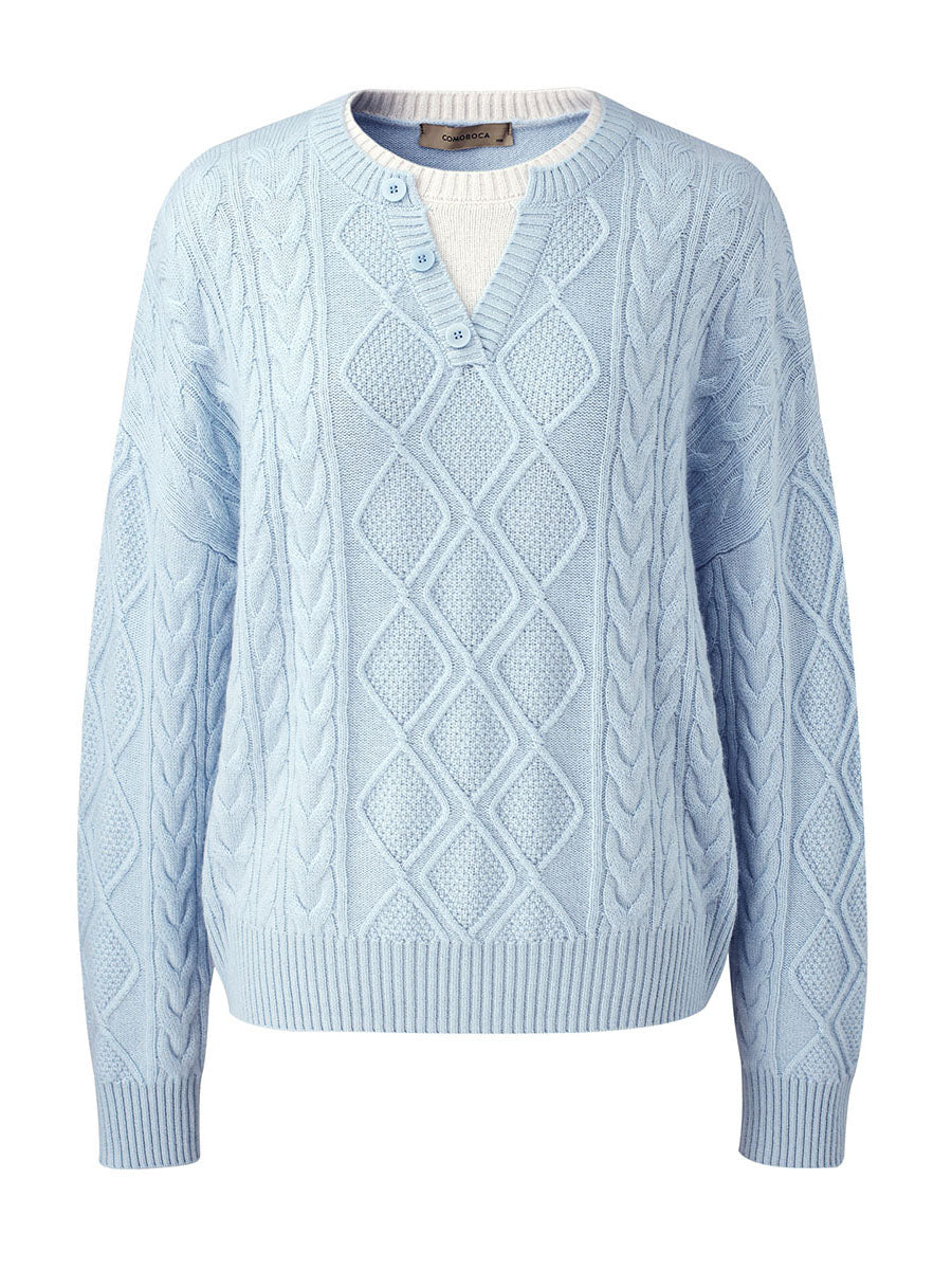 COMOBOCA 100% Wool Women's V-Neck Cable Knit Sweater