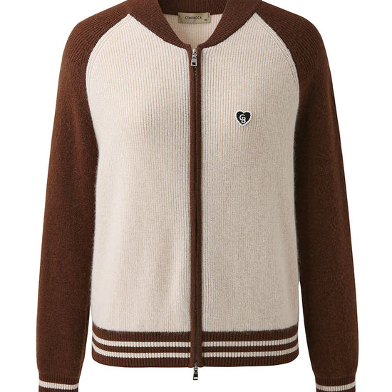 COMOBOCA 100% Cashmere Women's Color Block Knit Baseball Jacket