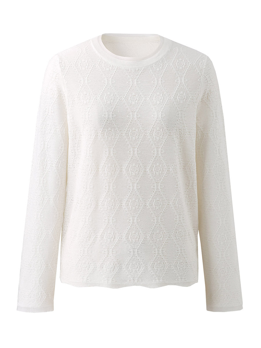 COMOBOCA Women's Textured Sheer Knit Round Neck Sweater