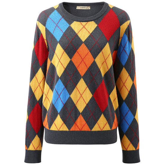 COMOBOCA 100% Cashmere Women's Argyle Pattern Colorful Knit Sweater