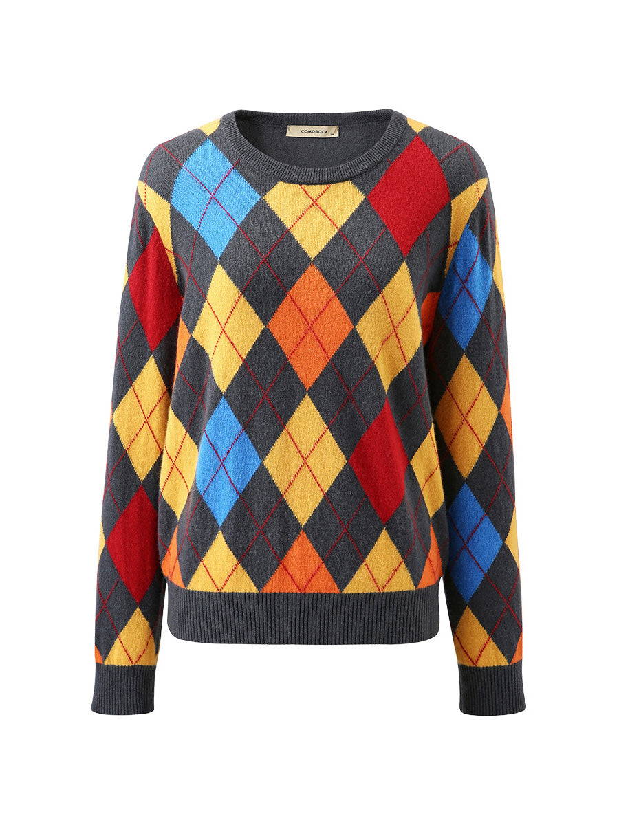 COMOBOCA 100% Cashmere Women's Argyle Pattern Colorful Knit Sweater