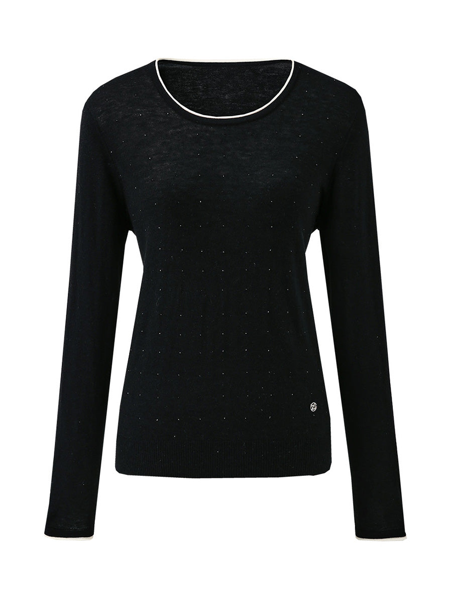 COMOBOCA Women's Rhinestone Detail Crewneck Knit Sweater