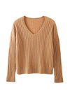 COMOBOCA 100% Cashmere Women's Cozy Ribbed V-Neck Sweater