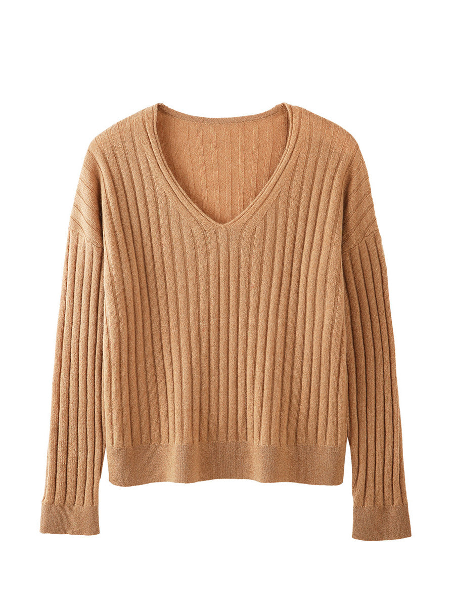 COMOBOCA 100% Cashmere Women's Cozy Ribbed V-Neck Sweater