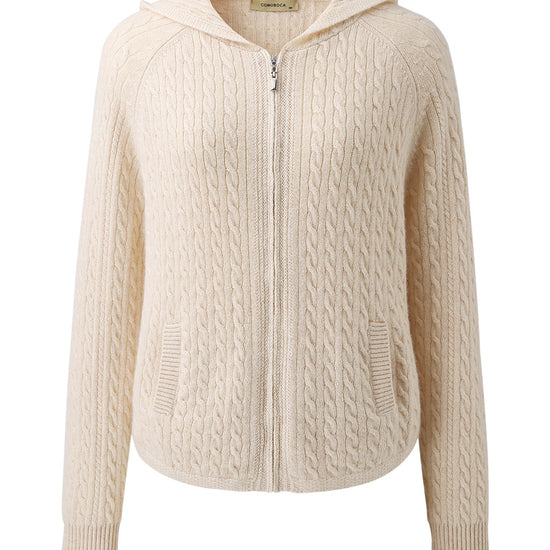 COMOBOCA 100% Cashmere Women's Cable Knit Zip Up Hoodie