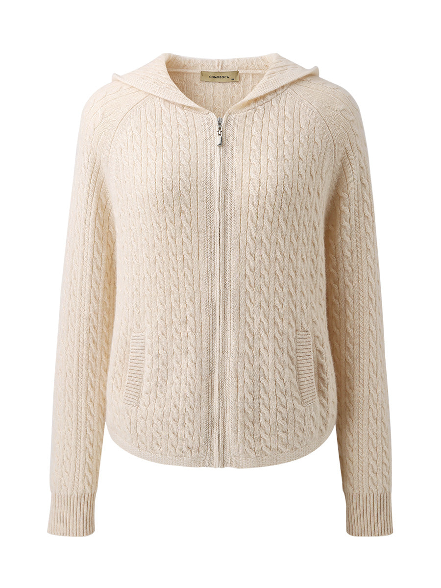 COMOBOCA 100% Cashmere Women's Cable Knit Zip Up Hoodie