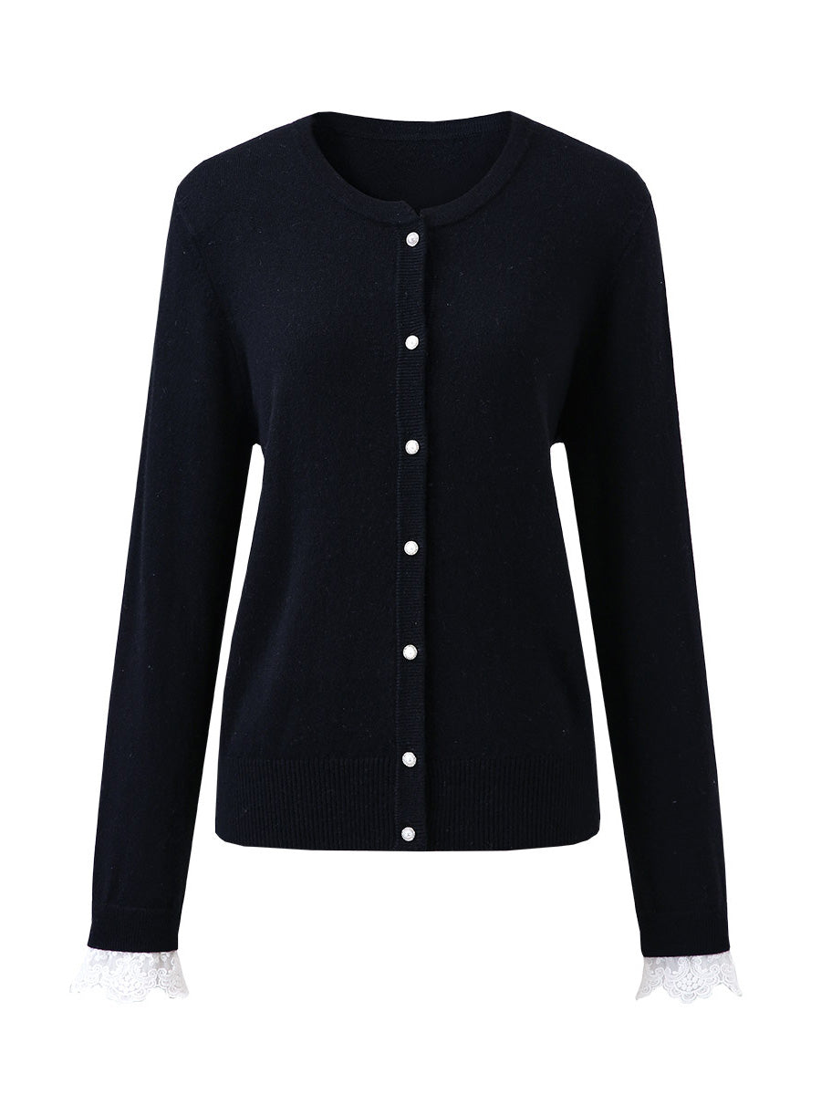 COMOBOCA 100% Wool Ribbed Extra Size Cardigan with Lace Cuffs