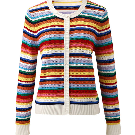 COMOBOCA Women's Ribbed Rainbow Striped Knit Cardigan