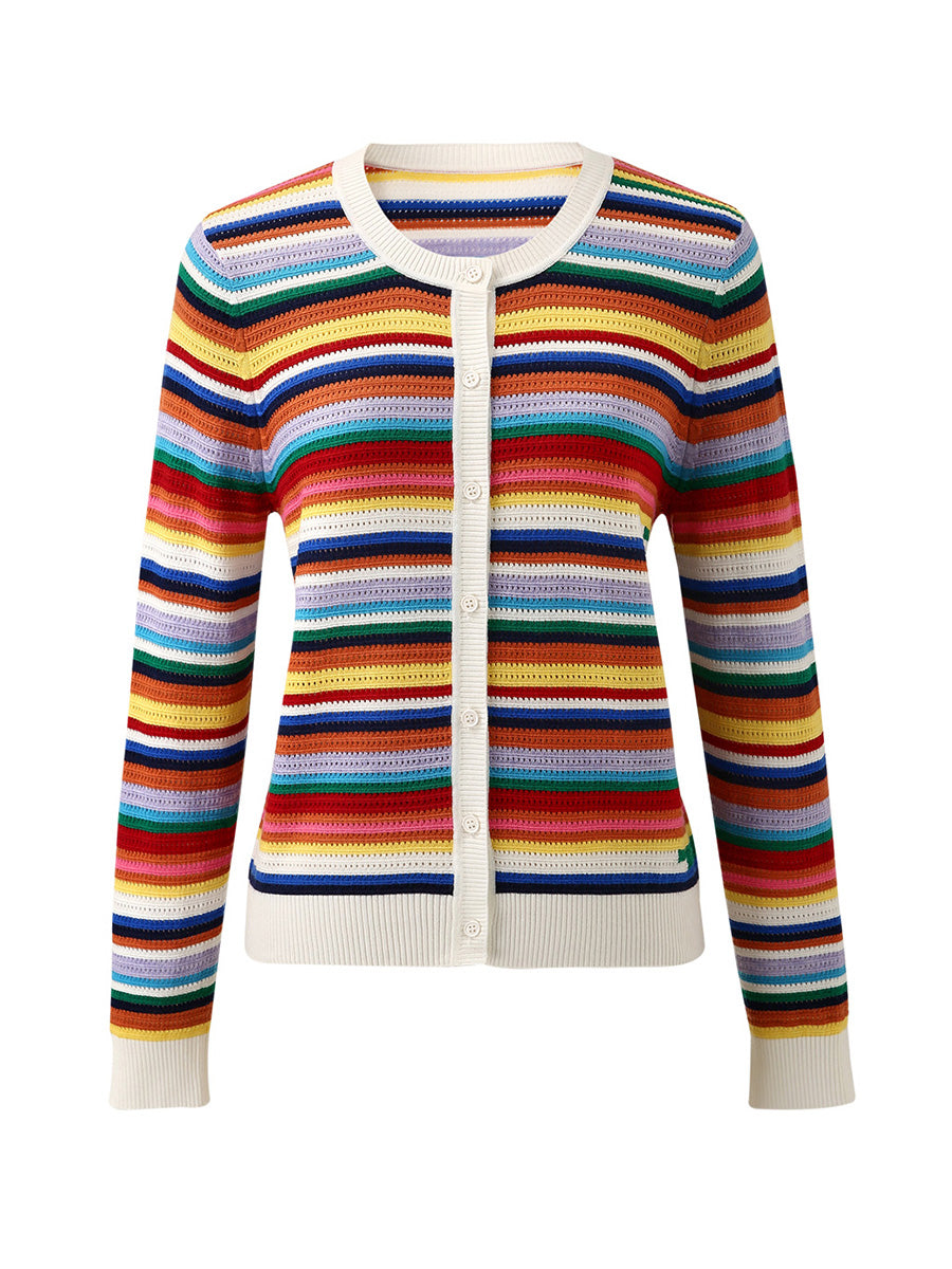 COMOBOCA Women's Ribbed Rainbow Striped Knit Cardigan