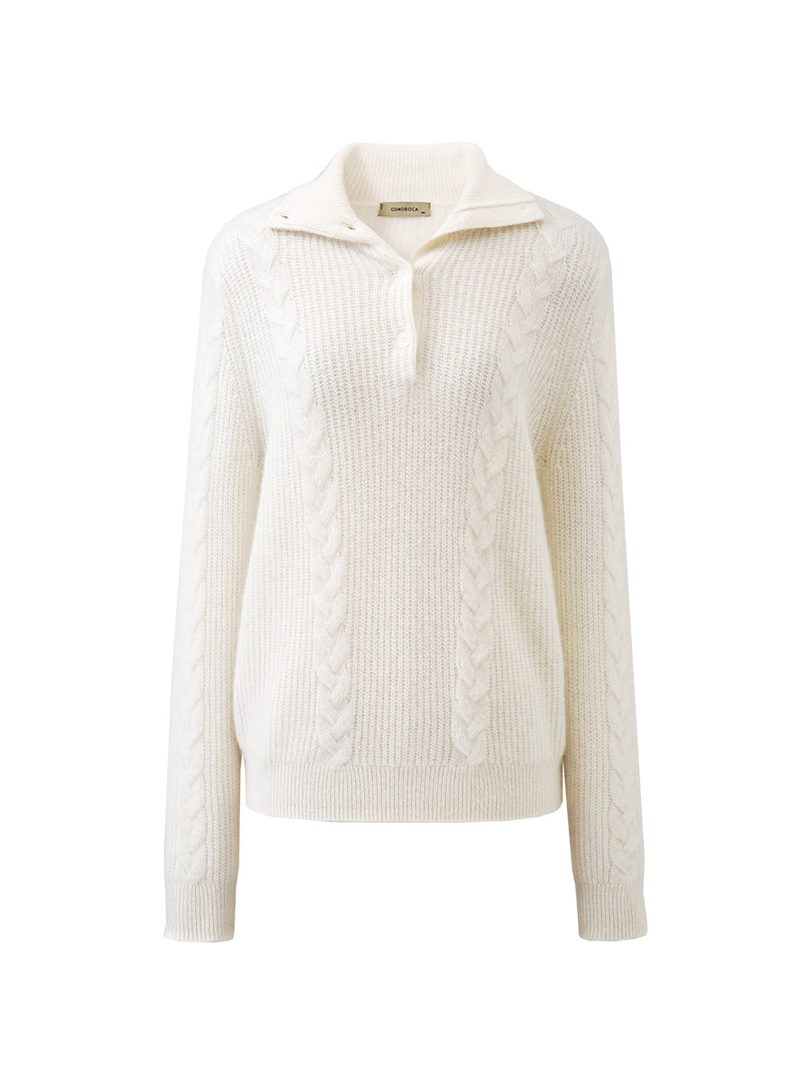 COMOBOCA 100% Cashmere Women's Button Neck Cable Knit Sweater